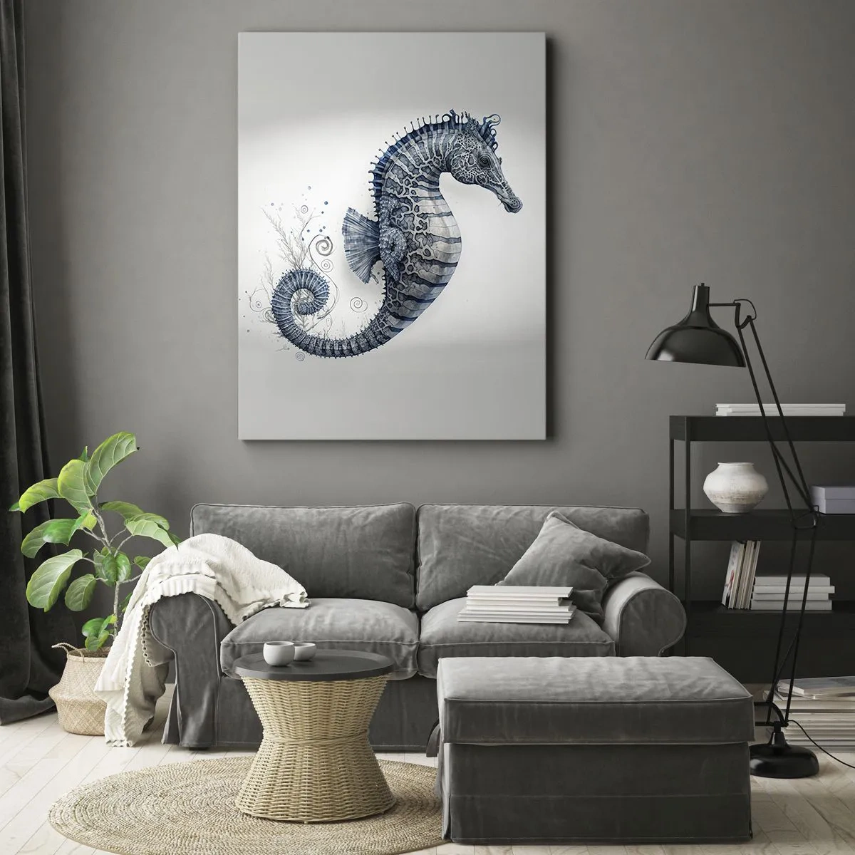 Obraz na płótnie - Konik morski w odcieniach niebieskiego z detalami akwareli - 70x100cm - Subtelny żart natury - Nowoczesna dekoracja ścienna do salonu i sypialni ARTTOR