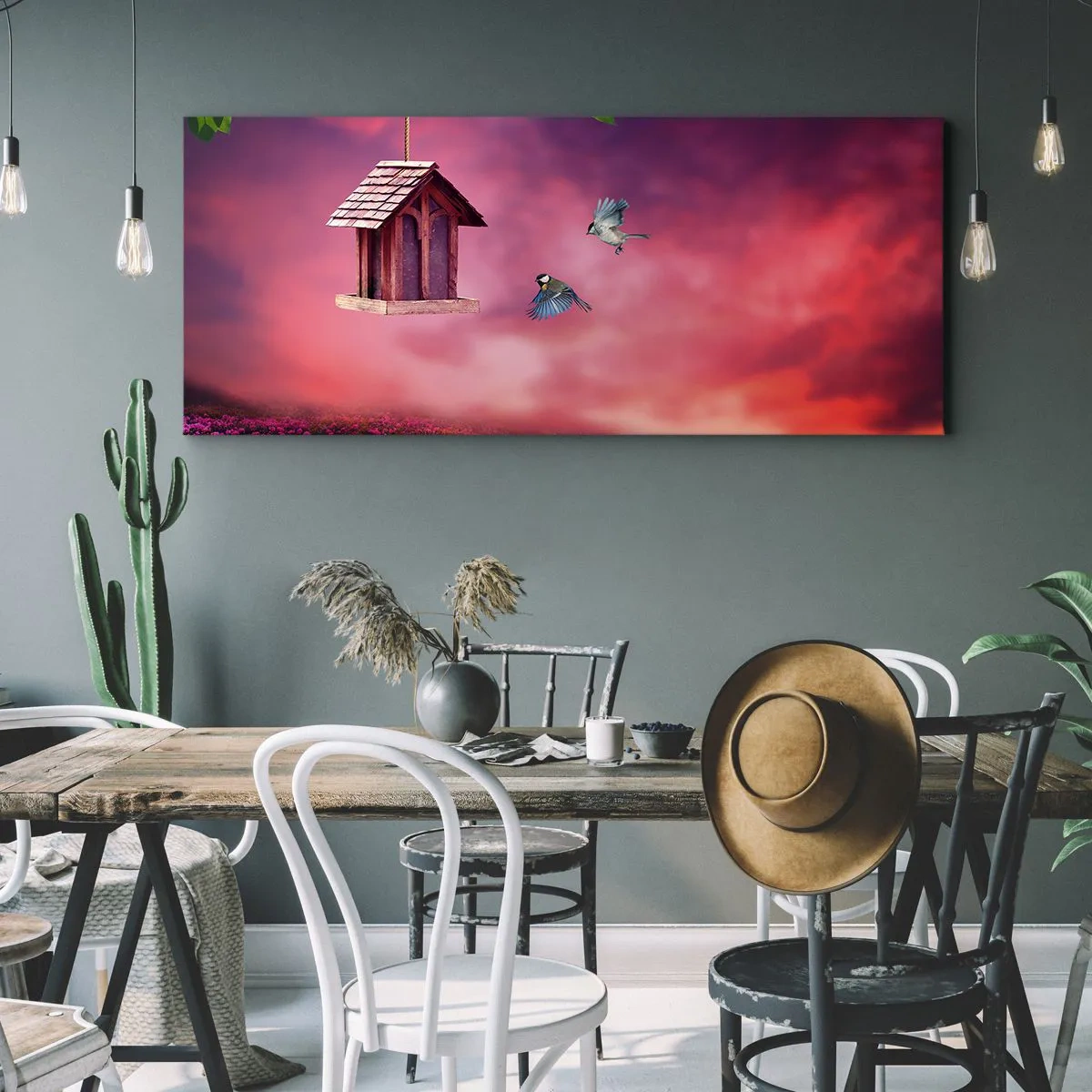 Obraz na płótnie - Malowniczy krajobraz z budką dla ptaków i zachodem słońca - 140x50cm - Zaproszenie na kolację - Nowoczesna dekoracja ścienna do salonu i sypialni ARTTOR