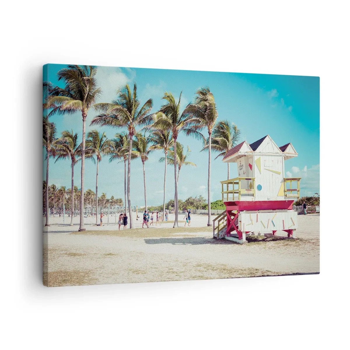 Obraz na płótnie - Plaża z palmami i wieżą ratowniczą w tle - 70x50cm - Przed tobą piękny dzień - Nowoczesna dekoracja ścienna do salonu i sypialni ARTTOR