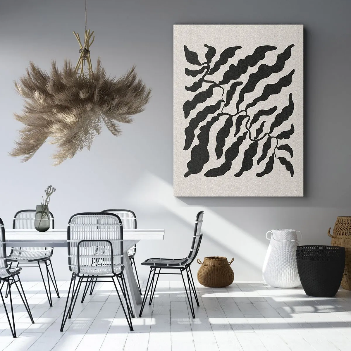 Obraz na płótnie - Gałązki z liśćmi w czerni na jasnym tle - 70x100cm - Natura kwadratu - Nowoczesna dekoracja ścienna do salonu i sypialni ARTTOR
