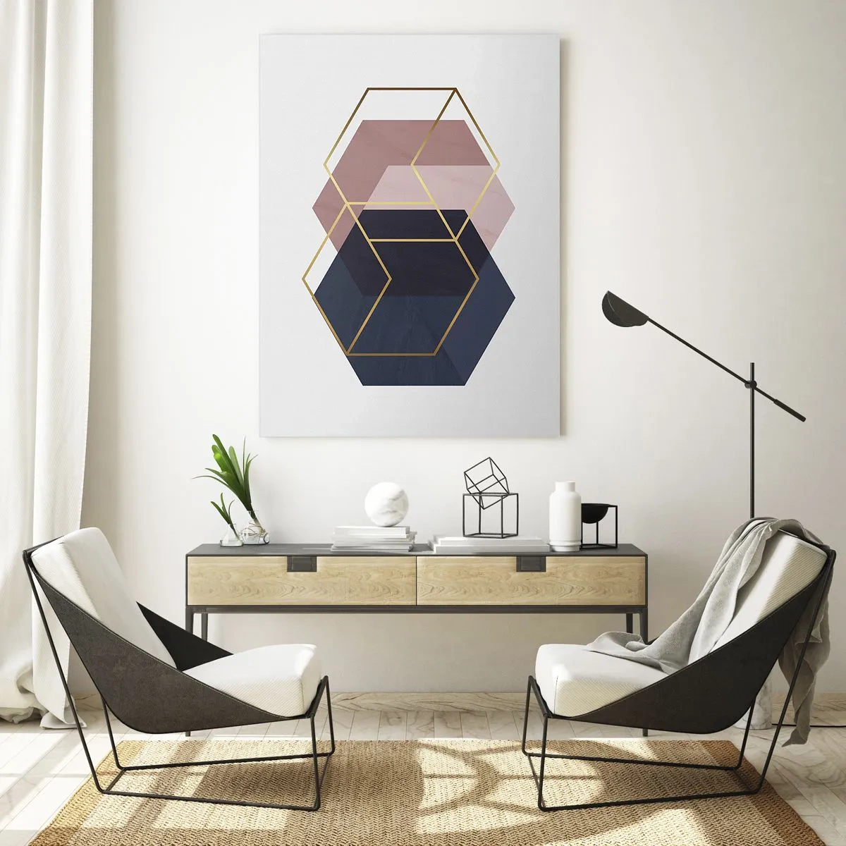 Obraz na szkle - Geometryczne kształty w złotych liniach na tle pastelowym - 70x100cm - Siła prostoty - Nowoczesna dekoracja ścienna do salonu i sypialni ARTTOR