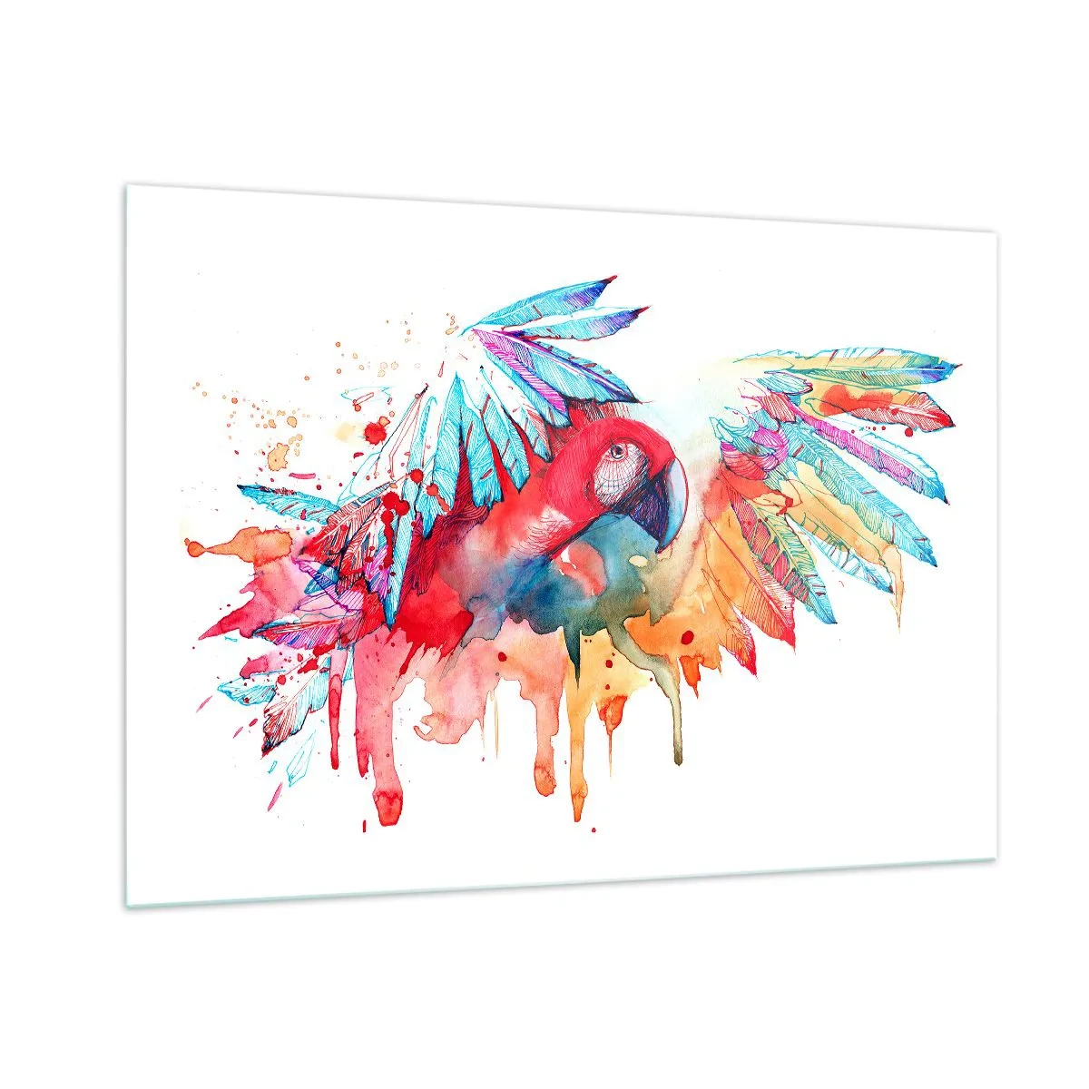 Obraz na szkle - Kolorowa papuga w stylu akwareli z rozpostartymi skrzydłami - 100x70cm - Kolorowe Papugi - Nowoczesna dekoracja ścienna do salonu, kuchni i sypialni ARTTOR
