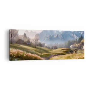 Obraz na płótnie - Górska dolina z łąkami, chatami i widokiem na szczyty - 140x50cm - Sielska dolina - Nowoczesna dekoracja ścienna do salonu i sypialni ARTTOR