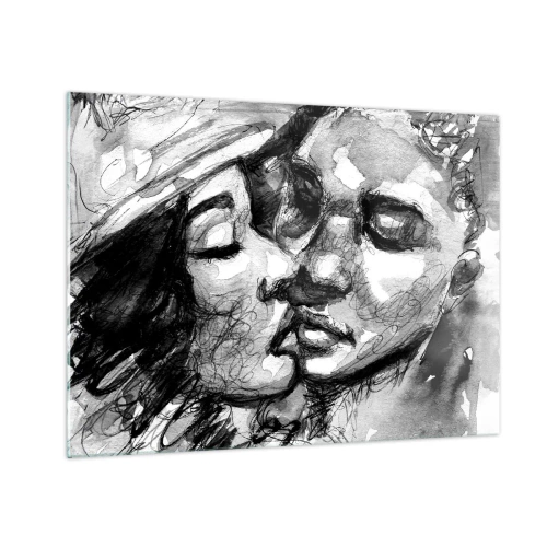 Obraz na szkle - Czarno-biały szkic przedstawiający czuły pocałunek - 70x50cm - Czuła chwila - Nowoczesna dekoracja ścienna do salonu i sypialni ARTTOR