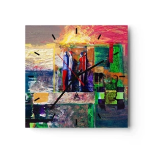 Zegar ścienny - Abstrakcyjna kompozycja z postaciami i geometrycznymi wzorami - 30x30cm - Relacje i emocje - Nowoczesna dekoracja ścienna do salonu i sypialni ARTTOR