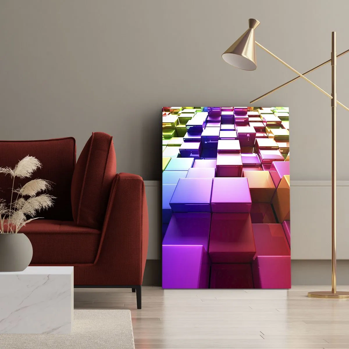 Obraz na płótnie - Kolorowe geometryczne kostki 3D - 80x120cm - Op-artowe wespół w zespół - Nowoczesna dekoracja ścienna do salonu i sypialni ARTTOR