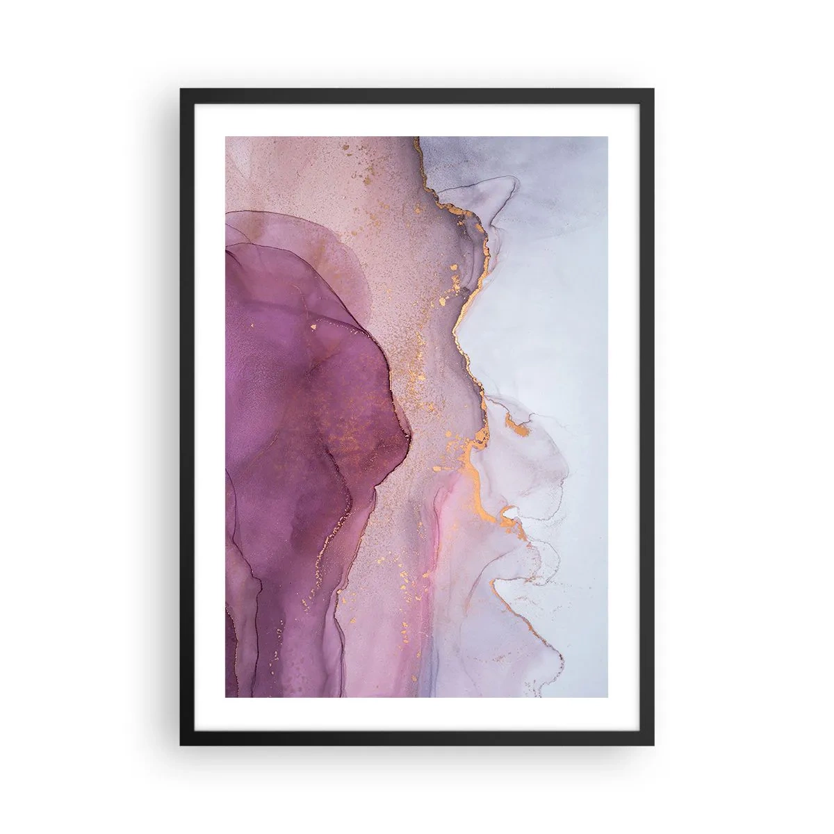 Plakat w czarnej ramie - Abstrakcyjne fale w odcieniach lila i fioletu ze złotymi akcentami - 50x70cm - Fale lila i fioletu - Nowoczesna dekoracja ścienna do salonu i sypialni ARTTOR