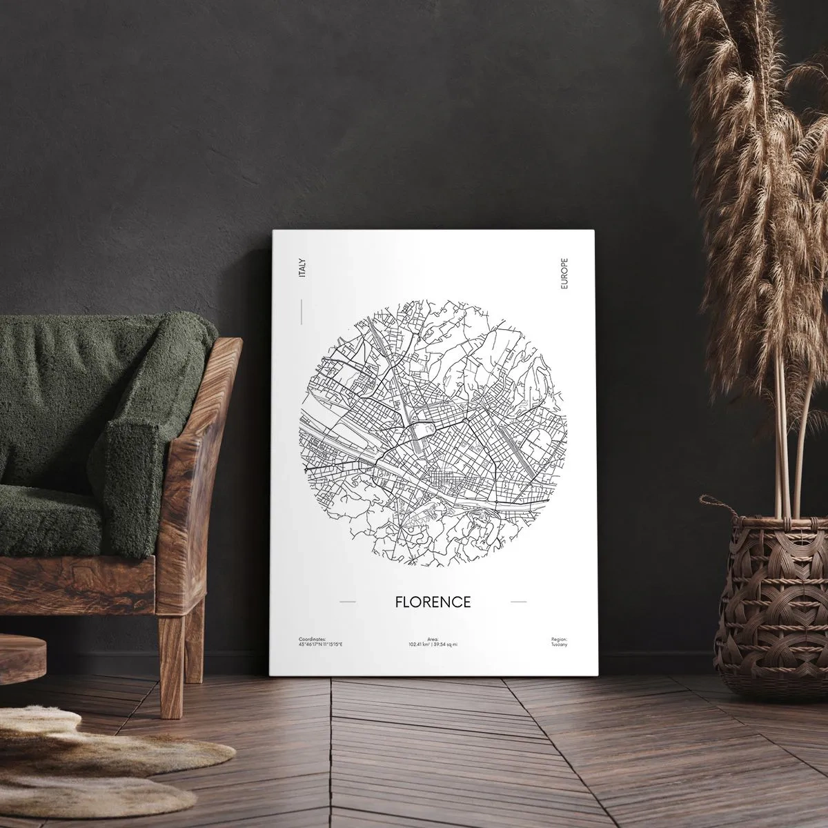 Obraz na płótnie - Mapa Florencji w minimalistycznym, czarno-białym stylu - 70x100cm - Anatomia Florencji - Nowoczesna dekoracja ścienna do salonu i sypialni ARTTOR