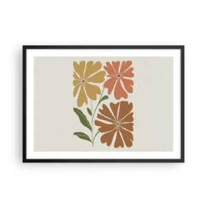 Plakat w czarnej ramie - Trzy kwiaty w ciepłych barwach na jasnym tle - 70x50cm - Natura i geometria - Nowoczesna dekoracja ścienna do salonu i sypialni ARTTOR