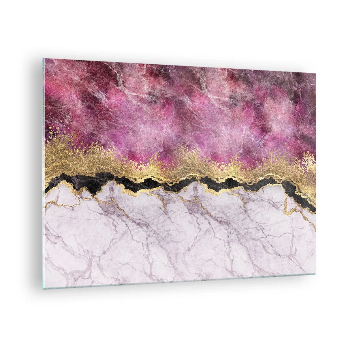 Obraz na szkle - Abstrakcyjna kompozycja marmuru z akcentami złota i purpury - 70x50cm - Na granicy - Nowoczesna dekoracja ścienna do salonu i sypialni ARTTOR