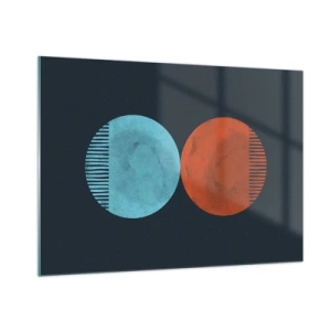 Obraz na szkle - Abstrakcyjne koła w kolorach niebieskim i pomarańczowym - 100x70cm - Tylko geometria? - Nowoczesna dekoracja ścienna do salonu, kuchni i sypialni ARTTOR