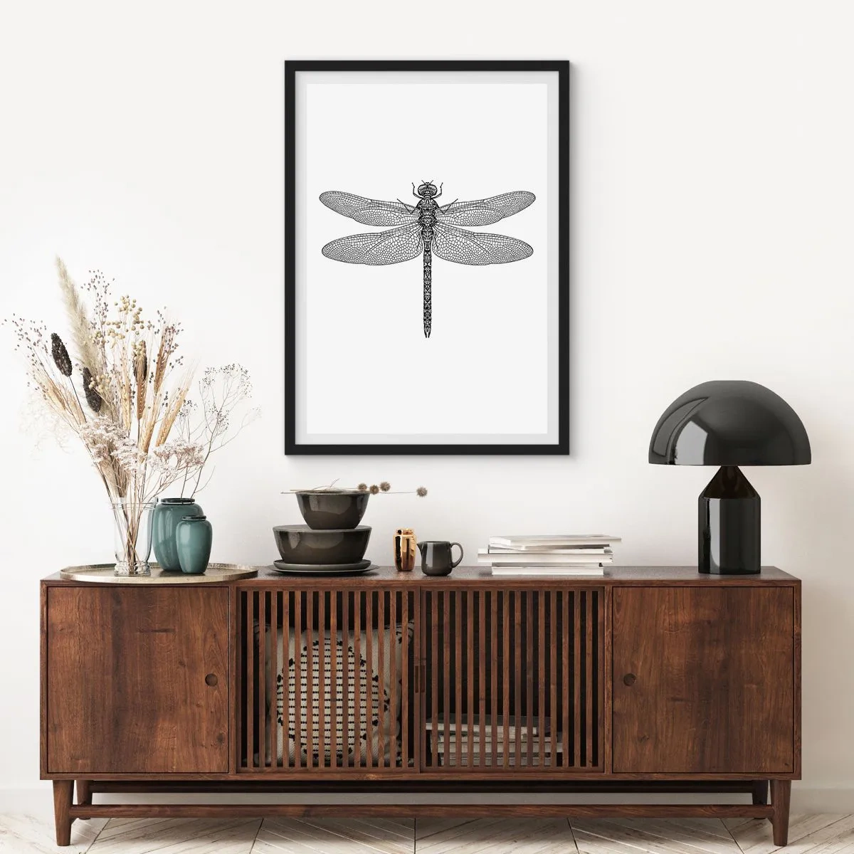 Plakat w czarnej ramie - Czarno-biała ilustracja ważki na białym tle - 50x70cm - Precyzja natury - Nowoczesna dekoracja ścienna do salonu i sypialni ARTTOR