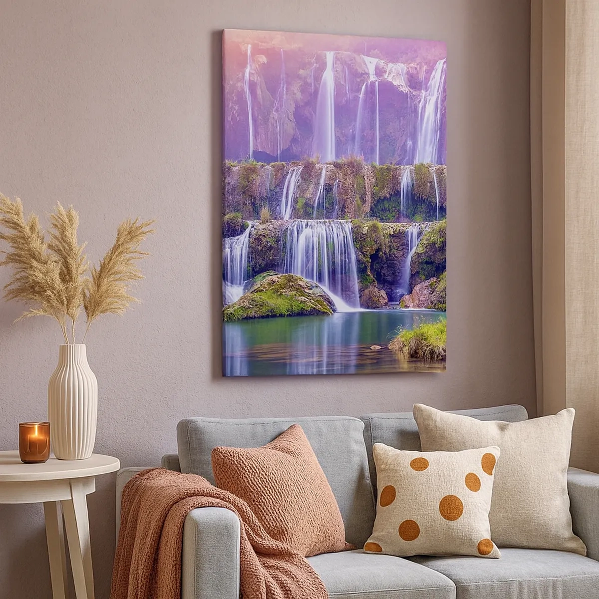 Obraz na płótnie - Wielopoziomowy wodospad otoczony bujną roślinnością - 50x70cm - Schody do nieba - Nowoczesna dekoracja ścienna do salonu, kuchni i sypialni ARTTOR