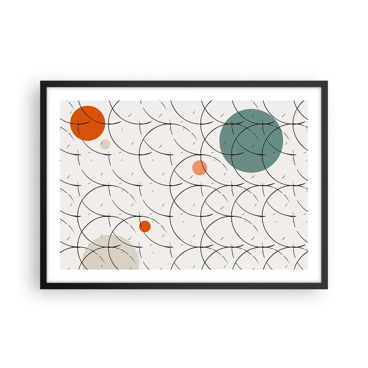Plakat w czarnej ramie - Geometryczny wzór z kolorowymi okręgami na jasnym tle - 70x50cm - W pop-artowym duchu - Nowoczesna dekoracja ścienna do salonu i sypialni ARTTOR