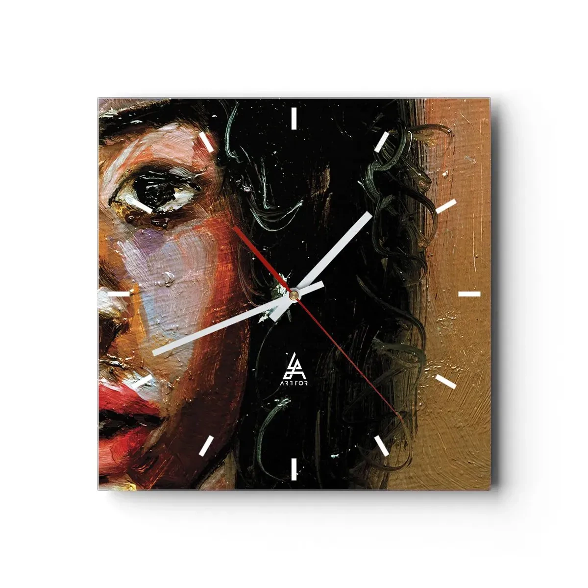 Zegar ścienny - Ekspresyjny portret kobiety w intensywnych barwach - 30x30cm - Czerń i blask - Nowoczesna dekoracja ścienna do salonu i sypialni ARTTOR