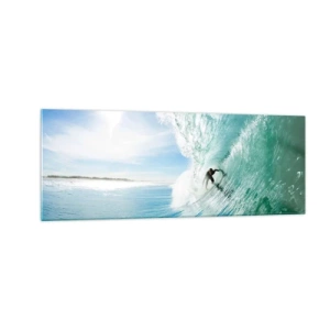 Obraz na szkle - Surfer na fali w świetle słońca na tle błękitnego nieba - 140x50cm - Zawsze na fali - Nowoczesna dekoracja ścienna do salonu i sypialni ARTTOR