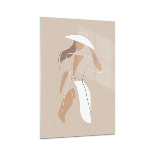 Obraz na szkle - Minimalistyczny rysunek kobiety w kapeluszu na beżowym tle - 70x100cm - Moda to zabawa - Nowoczesna dekoracja ścienna do salonu i sypialni ARTTOR