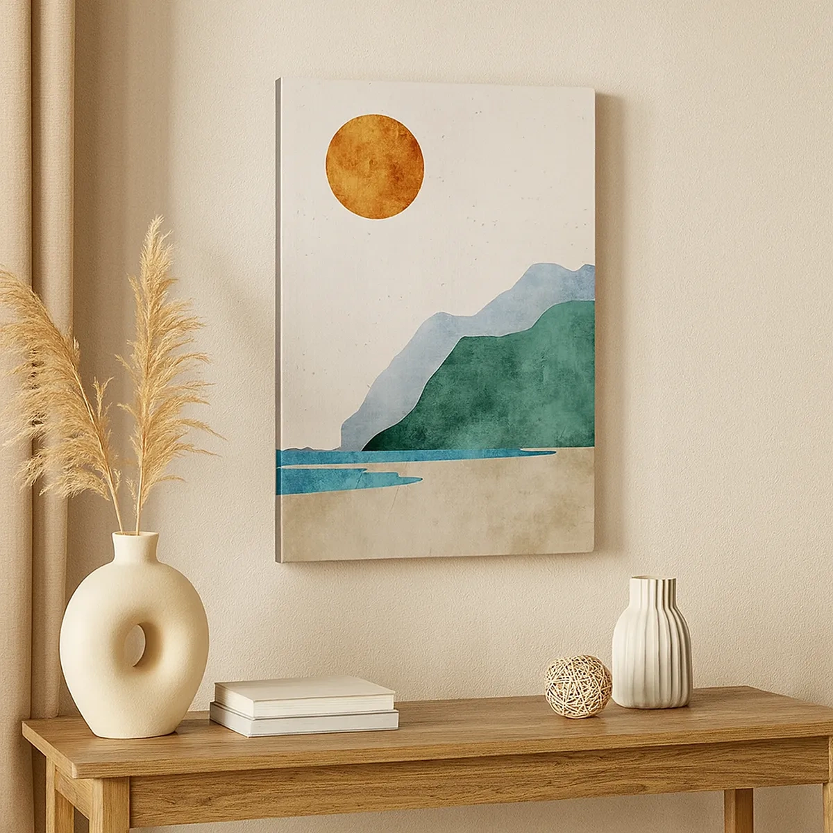 Obraz na płótnie - Minimalistyczny krajobraz górski z plażą i słońcem - 50x70cm - Pejzaż jak należy - Nowoczesna dekoracja ścienna do salonu, kuchni i sypialni ARTTOR