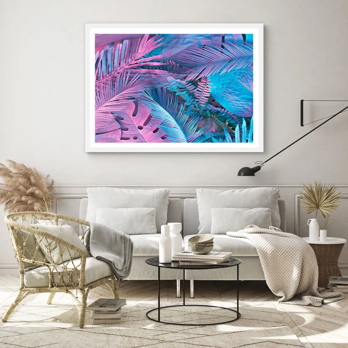Plakat w białej ramie - Tropiki w różu i błękicie - 100x70 cm