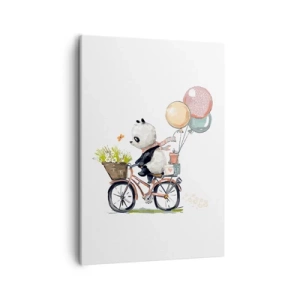 Obraz na płótnie - Ilustracja pandy na rowerze z balonami, kwiatami i prezentem - 50x70cm - Szczęśliwy dzień - Nowoczesna dekoracja ścienna do salonu, kuchni i sypialni ARTTOR