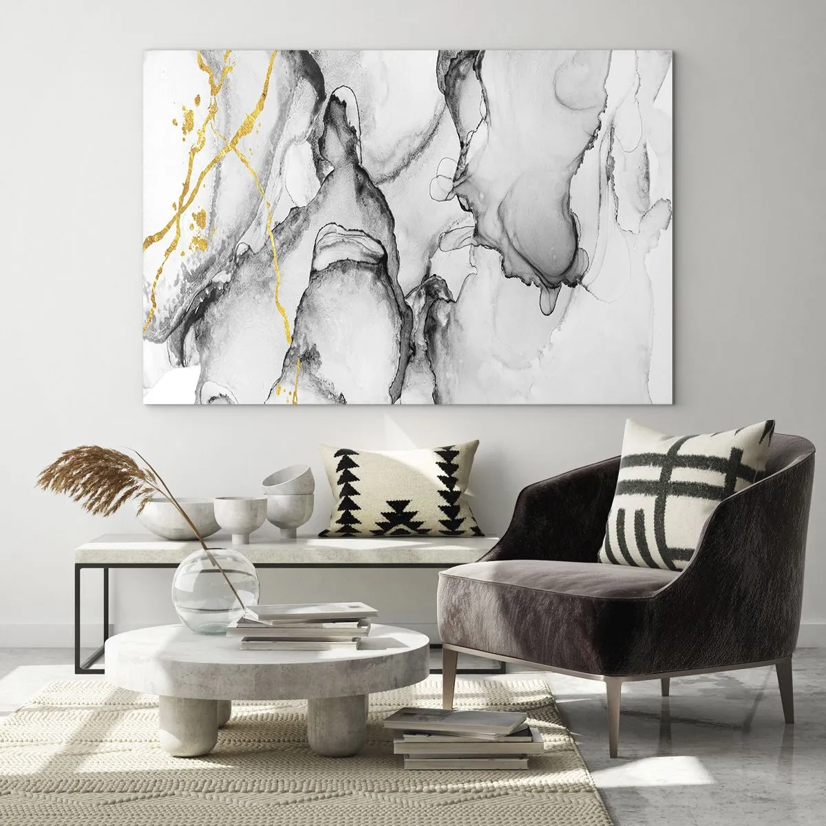 Obraz na szkle - Abstrakcyjna czarno-biała kompozycja z akcentem złota - 70x50cm - Kompozycja z motywem złota - Nowoczesna dekoracja ścienna do salonu i sypialni ARTTOR