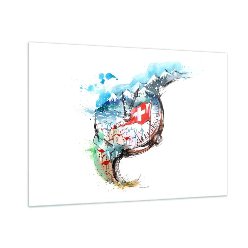 Obraz na szkle - Akwarela szwajcarskiego krajobrazu z flagą i zegarkiem - 100x70cm - Duch Szwajcarii - Nowoczesna dekoracja ścienna do salonu, kuchni i sypialni ARTTOR