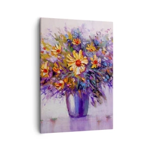 Obraz na płótnie - Bukiet kolorowych kwiatów w fioletowym wazonie w stylu impresjonistycznym - 50x70cm - Słodko pachnie, słodko wygląda - Nowoczesna dekoracja ścienna do salonu, kuchni i sypialni ARTTOR