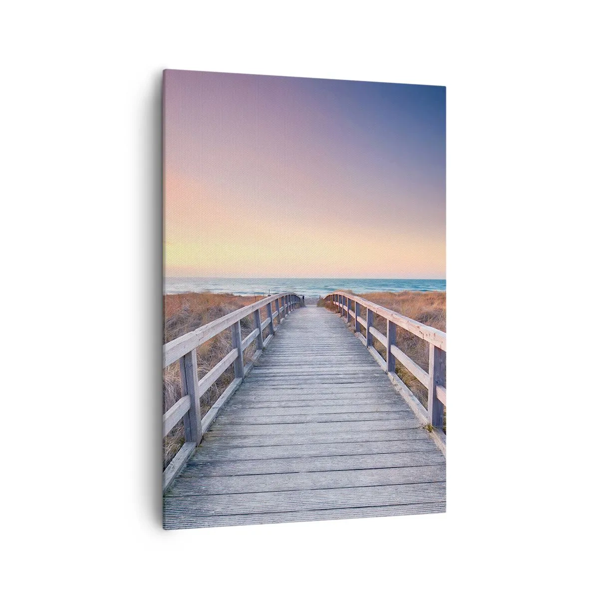 Obraz na płótnie - Drewniany pomost prowadzący na plażę o zachodzie słońca z pastelowymi barwami nieba - 70x100cm - Bałtycka wieczorna zorza - Nowoczesna dekoracja ścienna do salonu i sypialni ARTTOR