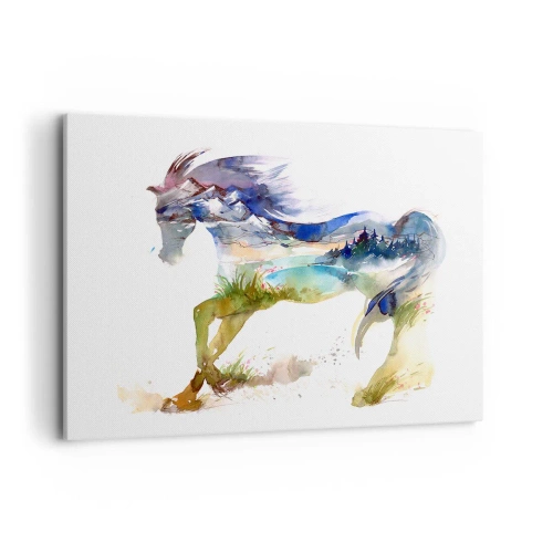 Obraz na płótnie - Akwarela konia z krajobrazem górskim w sylwetce - 120x80cm - Z łąki wprost do nieba - Nowoczesna dekoracja ścienna do salonu, kuchni i sypialni ARTTOR