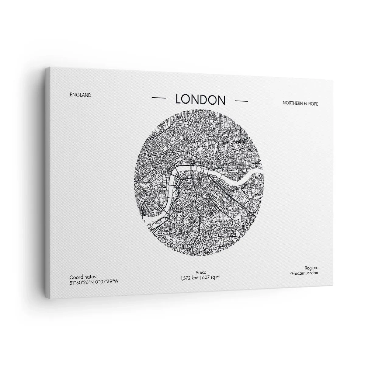 Obraz na płótnie - Minimalistyczna mapa Londynu w czarno-białej kolorystyce z precyzyjnymi detalami - 70x50cm - Anatomia Londynu - Nowoczesna dekoracja ścienna do salonu i sypialni ARTTOR