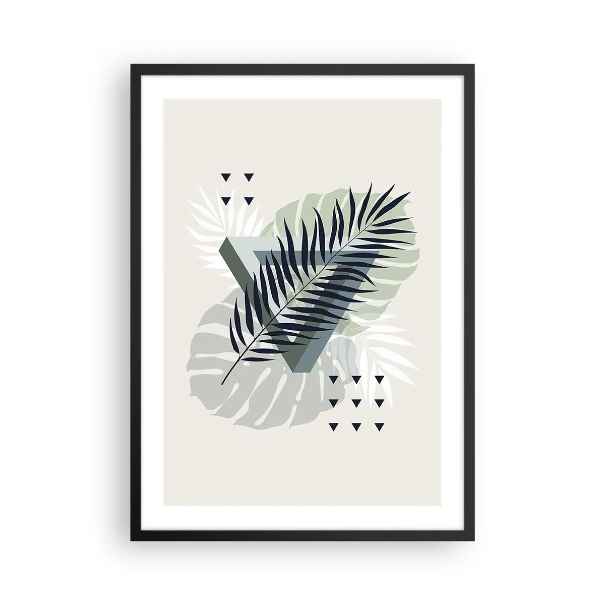 Plakat w czarnej ramie - Abstrakcyjne liście tropikalne na jasnym tle - 50x70cm - Natura i geometria – dwa porządki? - Nowoczesna dekoracja ścienna do salonu i sypialni ARTTOR