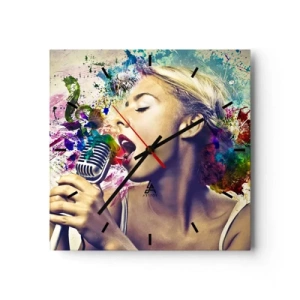 Zegar ścienny - Artystyczny portret kobiety śpiewającej z kolorowymi efektami - 30x30cm - Pomalować głosem świat - Nowoczesna dekoracja ścienna do salonu i sypialni ARTTOR