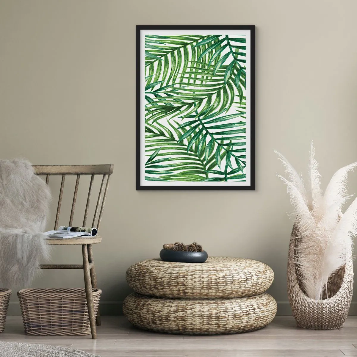 Plakat w czarnej ramie - Palmy w minimalistycznym wzorze botanicznym - 50x70cm - Pod zielonym baldachimem - Nowoczesna dekoracja ścienna do salonu i sypialni ARTTOR