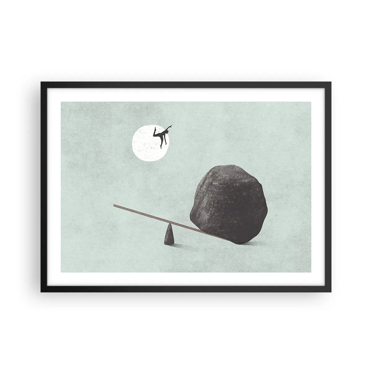 Plakat w czarnej ramie - Symboliczna scena z postacią i balansem na tle jasnego nieba - 70x50cm - Spełnione marzenie - Nowoczesna dekoracja ścienna do salonu i sypialni ARTTOR