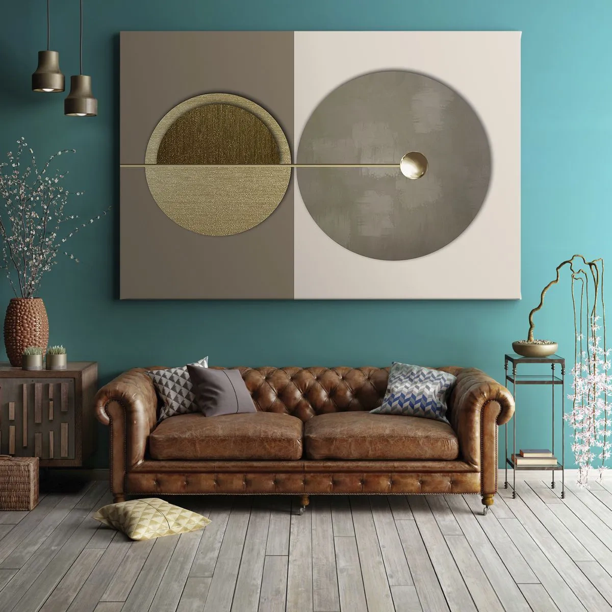 Obraz na płótnie - Abstrakcyjne koła w odcieniach złota i beżu - 70x50cm - Doskonała równowaga - Nowoczesna dekoracja ścienna do salonu i sypialni ARTTOR
