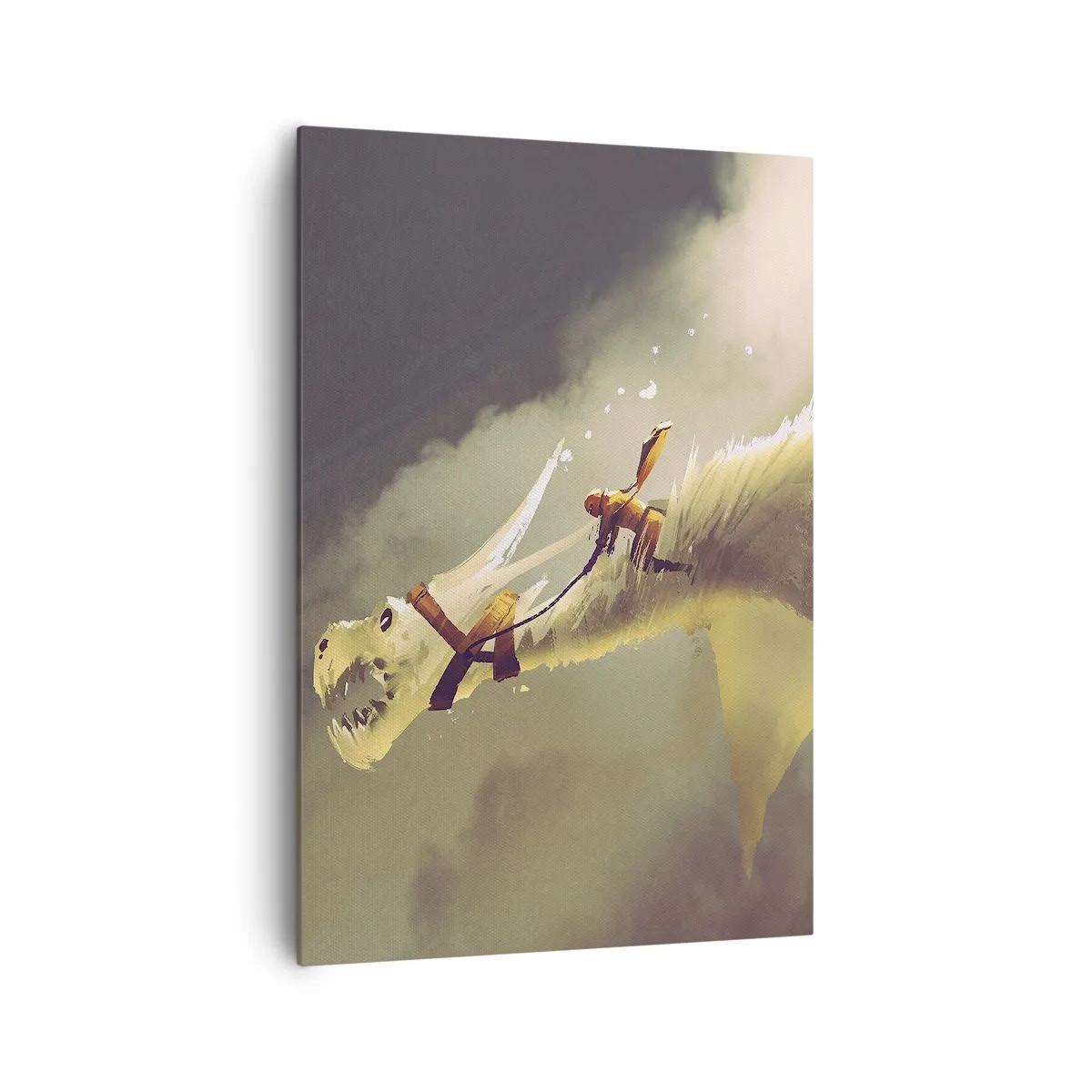 Obraz na płótnie - Ilustracja jeźdźca na smoku w fantastycznej scenerii chmur - 70x100cm - Światu na ratunek - Nowoczesna dekoracja ścienna do salonu i sypialni ARTTOR