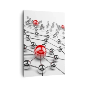 Obraz na płótnie - Sieć metalicznych kulek z czerwonymi akcentami - 70x100cm - Srebrzysta sieć - Nowoczesna dekoracja ścienna do salonu i sypialni ARTTOR