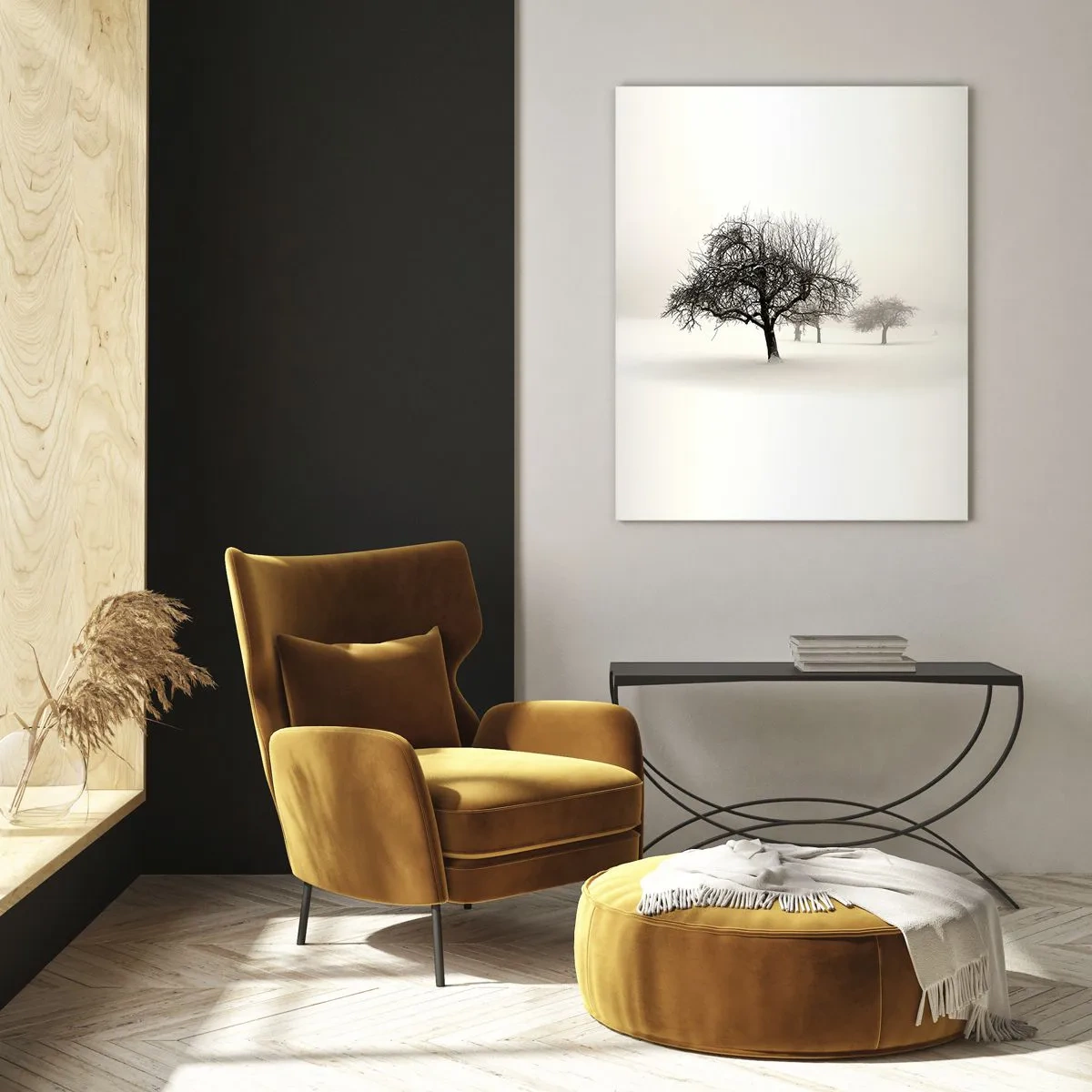 Obraz na szkle - Drzewa na zaśnieżonym polu w otoczeniu mgły - 80x120cm - Zimowy sen - Nowoczesna dekoracja ścienna do salonu i sypialni ARTTOR