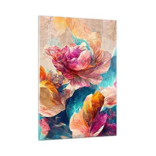 Obraz na szkle - Kolorowe kwiaty na tle akwarelowej kompozycji - 50x70cm - Barwny przepych bukietu - Nowoczesna dekoracja ścienna do salonu, kuchni i sypialni ARTTOR