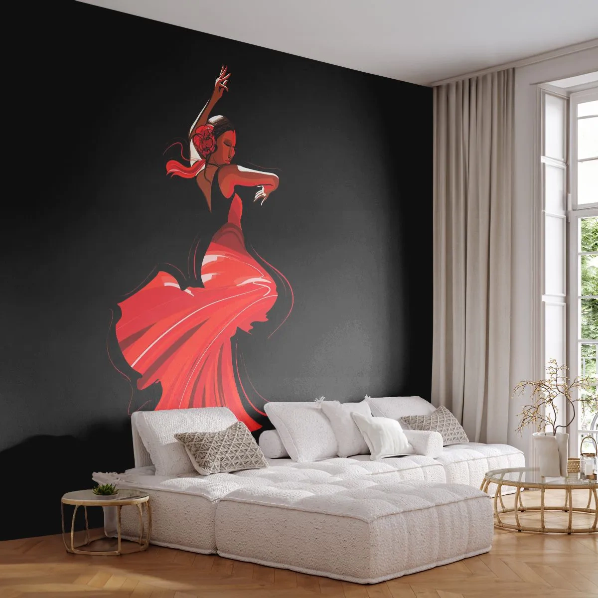 Fototapeta Premium Sand - Tancerka flamenco w czerwonej sukni na czarnym tle - 100x70cm - Ognisty duch flamenco - Nowoczesna dekoracja ścienna do salonu, kuchni i sypialni ARTTOR