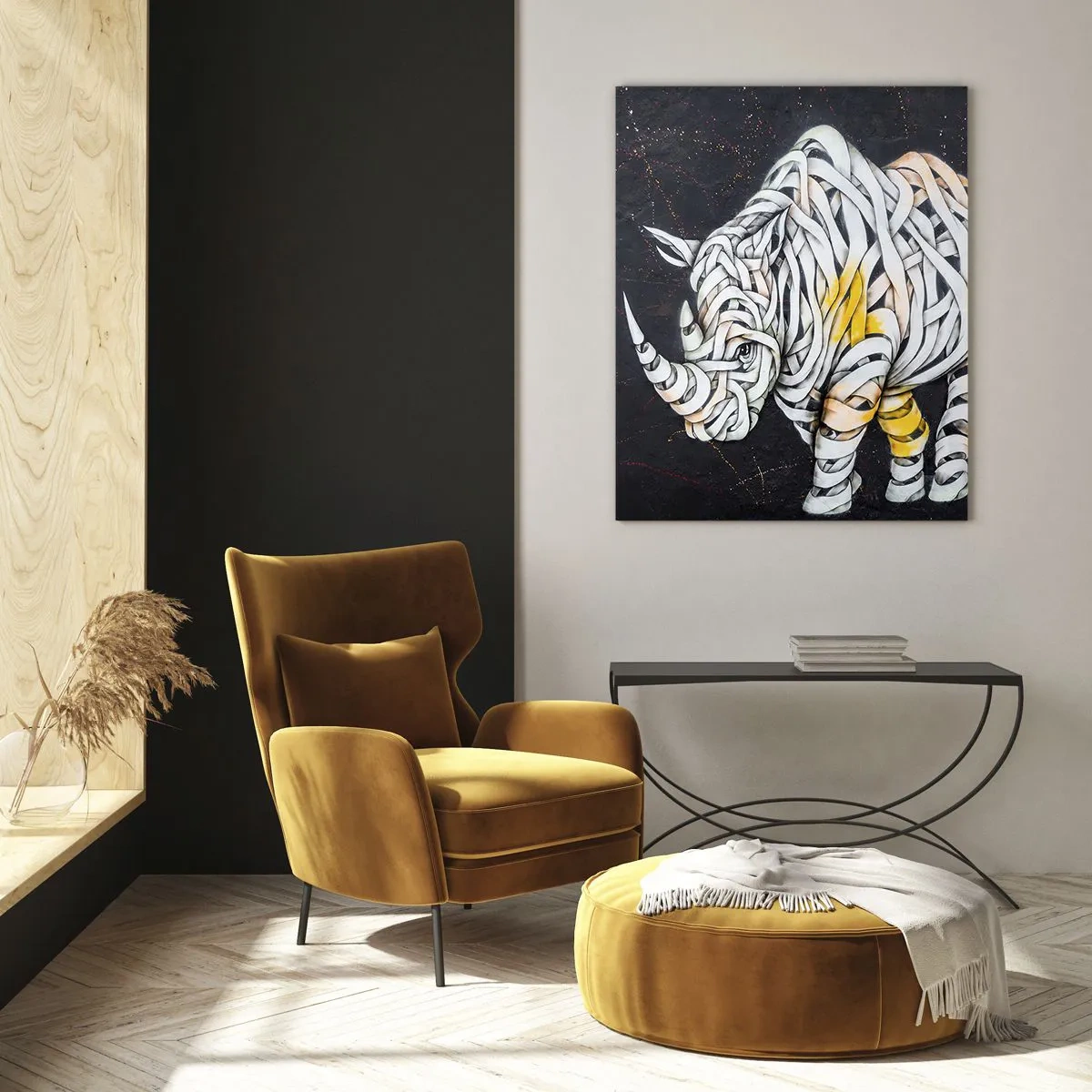 Obraz na szkle - Abstrakcyjny rysunek nosorożca w formie pasków - 50x70cm - Gruboskórność to mit - Nowoczesna dekoracja ścienna do salonu, kuchni i sypialni ARTTOR