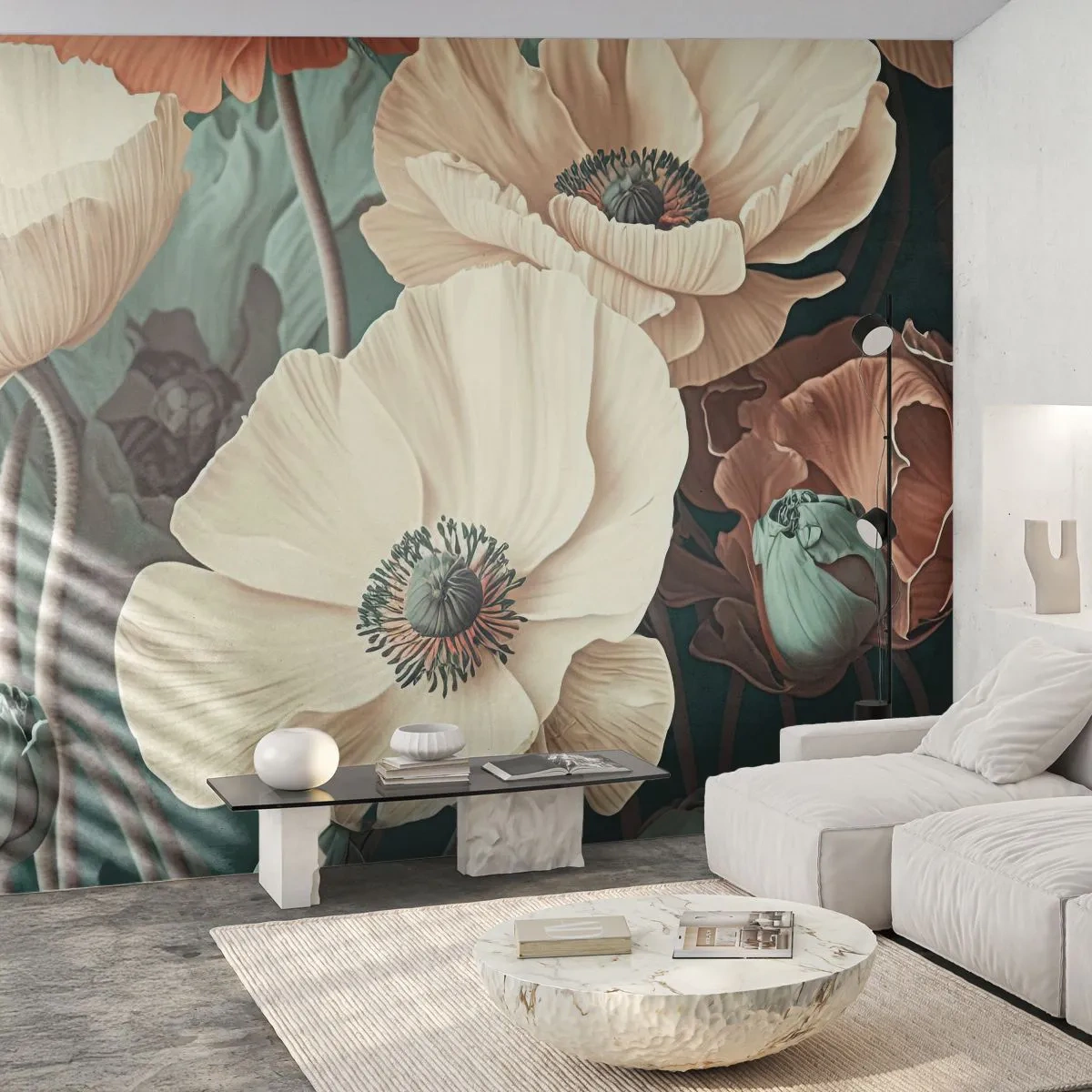 Fototapeta Premium Sand - Romantyczne maki w odcieniach kremu i brzoskwini na zieleni - 100x70cm - Szept maków - Nowoczesna dekoracja ścienna do salonu, kuchni i sypialni ARTTOR