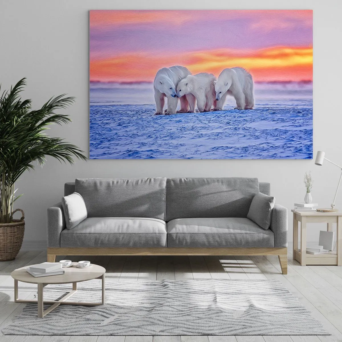 Obraz na szkle - Trzy niedźwiedzie polarne na śnieżnym tle o zachodzie słońca - 70x50cm - Wystarczy rodzinne ciepło - Nowoczesna dekoracja ścienna do salonu i sypialni ARTTOR