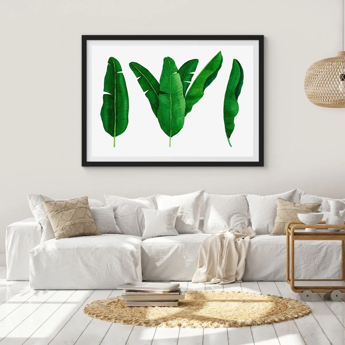 Plakat w czarnej ramie - Trzy liście bananowca w artystycznym ujęciu - 70x50cm - Zielona symetria - Nowoczesna dekoracja ścienna do salonu i sypialni ARTTOR