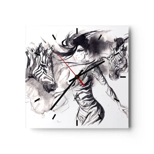 Zegar ścienny - Kobieta w dynamicznym tańcu z zebrami w czarno-białej estetyce - 30x30cm - Tańcząca z zebrami - Nowoczesna dekoracja ścienna do salonu i sypialni ARTTOR