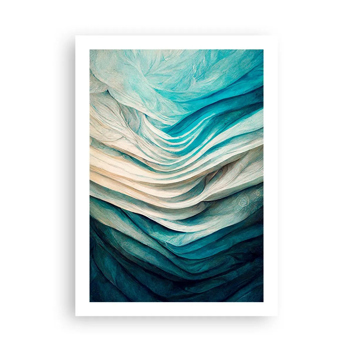 Plakat - Abstrakcyjna kompozycja fal w odcieniach błękitu i beżu - 50x70cm - Błękitne nienasycenie - Nowoczesna dekoracja ścienna do salonu, kuchni i sypialni ARTTOR