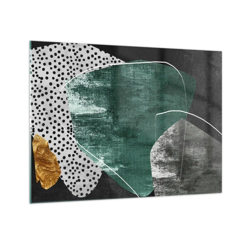 Obraz na szkle - Zielone formy z czarnym tłem i złotym akcentem - 70x50cm - Barwna abstrakcja z płatkiem złota - Nowoczesna dekoracja ścienna do salonu i sypialni ARTTOR
