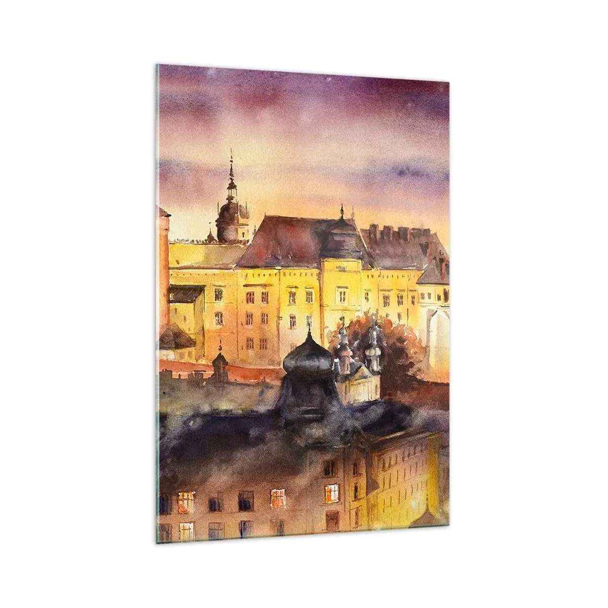 Obraz na szkle - Malowniczy obraz zamku o zachodzie słońca w akwarelowym stylu - 70x100cm - Historia i baśń - Nowoczesna dekoracja ścienna do salonu i sypialni ARTTOR
