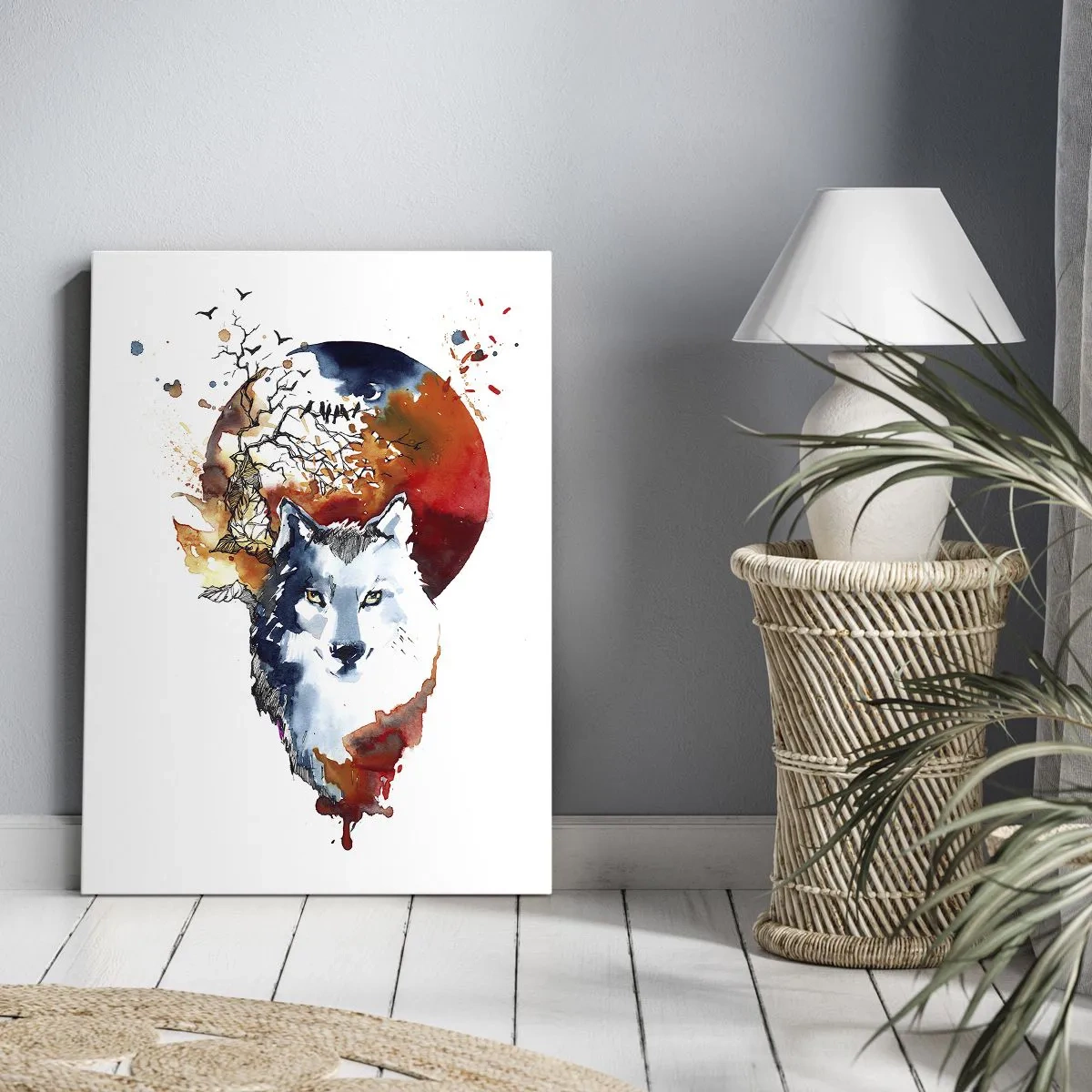 Obraz na płótnie - Abstrakcyjna akwarela wilka na tle czerwonego księżyca - 70x100cm - Nos w nos z nocą - Nowoczesna dekoracja ścienna do salonu i sypialni ARTTOR