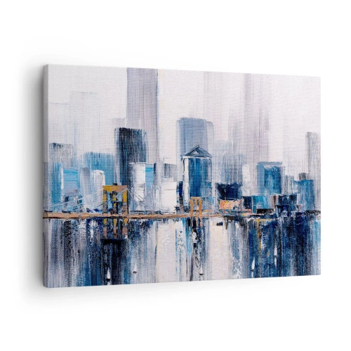 Obraz na płótnie - Abstrakcyjna panorama miasta z odcieniami błękitu i żółci - 70x50cm - Nowojorska impresja - Nowoczesna dekoracja ścienna do salonu i sypialni ARTTOR